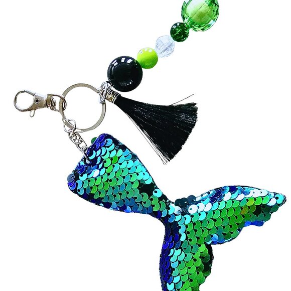 Plush Sequin Mermaid Tail Green Keychain Black Tassel, Bead, Purse Charm, Backpk - Picture 1 of 1